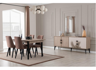 Hnědá jídelní sestava luxusní jídelní stůl 4x židle sideboard zrcadlo