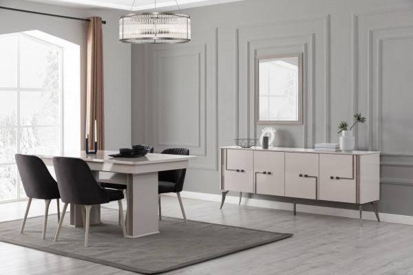 Staromódní jídelní set Velký jídelní stůl 4x textilní židle komoda