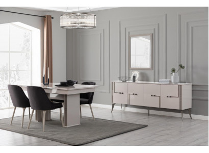 Staromódní jídelní set Velký jídelní stůl 4x textilní židle komoda