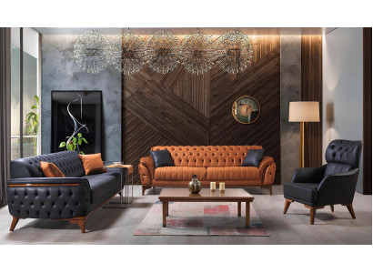 Návrhářská usazenina Chesterfield z kůže, polstrovaná třísetovká. Elegantní křeslo.