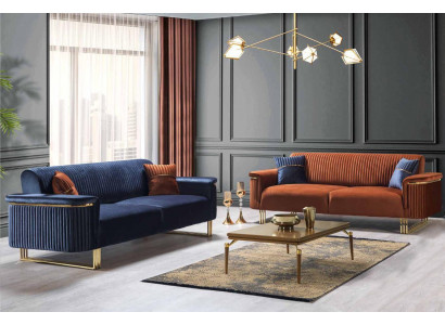 Moderno obývací pokoj v modro-oranžové barvě, sada pohovkového nábytku designové látkové pohovky 2 dílné.