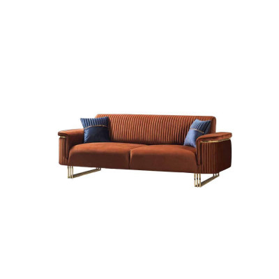 Moderno obývací pokoj v modro-oranžové barvě, sada pohovkového nábytku designové látkové pohovky 2 dílné.