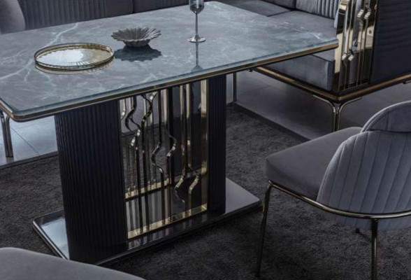 Exkluzivní šedá jídelní sestava Luxusní stůl ze nerezové oceli 2x textilní židle