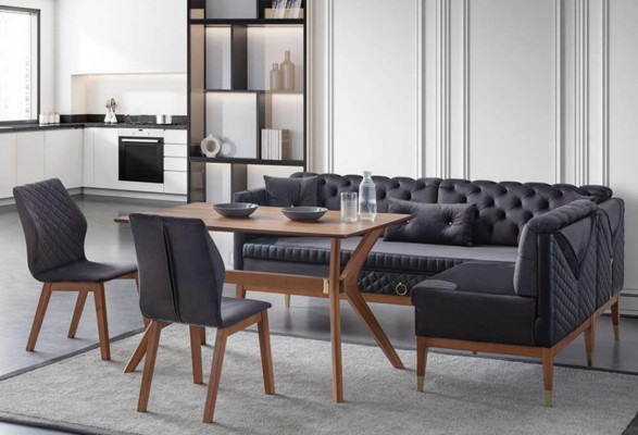 Černě hnědá jídelna Chesterfield set polštářová lavice designový jídelní stůl.