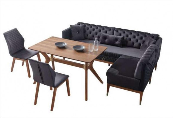 Černě hnědá jídelna Chesterfield set polštářová lavice designový jídelní stůl.