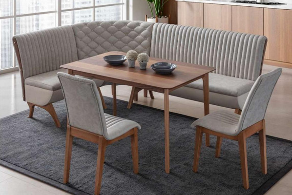 Designer jídelní sestava šedá s polstrováním, rohová lavice, 2 židle, jídelní stůl