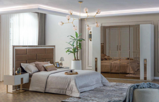 Exkluzivní ložnicová sestava Moderní textilní postel 2x dřevěné noční stolky