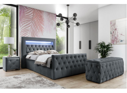 Chesterfield Šedá ložnice Set LED polštářová postel Dřevěné noční stolky