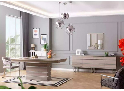 Stůl 6x židlí Skříň zrcadlo 9dílná jídelní sestava skupina garnitur