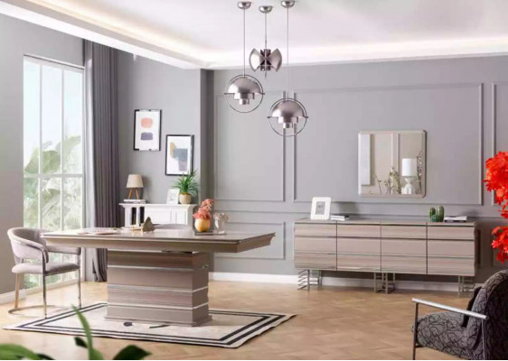 Skupina stolu, 6 židlí, jídelní stůl z masivu, nový design jídelny