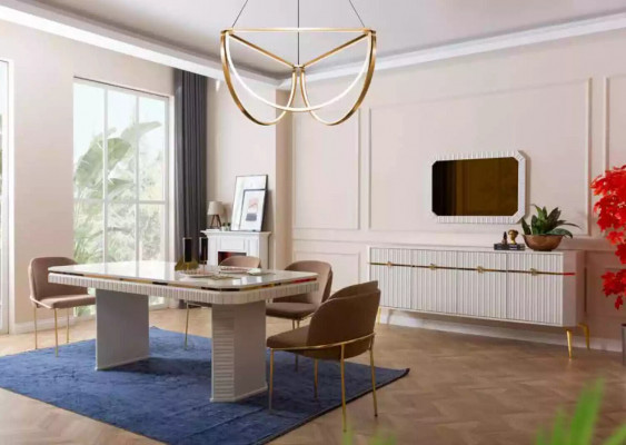 Jídelní pokoj jídelní stůl 6x židle bežový čalouněný set 7dílný luxusní nábytek z masivního dřeva.