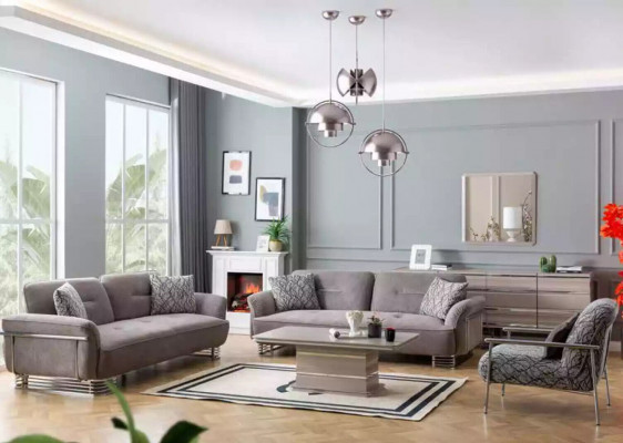 Sofa 3místná látková sedací souprava Design Modern Nový Luxus bílo-šedá