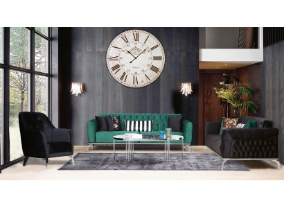 Moderní obývací pokoj set 2 měkké Chesterfieldské pohovky + moderní černá židle