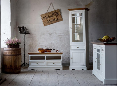 Obývací stěna Vitrine venkovský design nábytek 3dílná sestava komoda RTV sideboard dřevo.