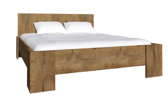 Schlafzimmer Dřevěná luxusní designová postel s polštářem, dvojlůžková manželská postel v hotelu, rozměry 180x200 cm.