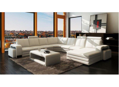 Ecksofa U-Form + 2x Pohovka + Konferenční stůl Design šedá podsedák kůže