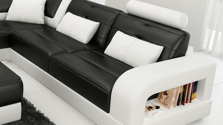 Kozní sedací souprava L-článková + stolková sestava designu sedacího koutového nábytku.