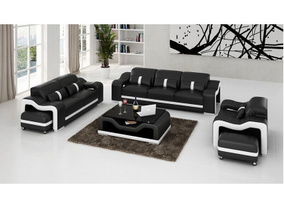 Designer Černá sedací souprava 3+2+2 Místná Luxusní kožená sada gaučů