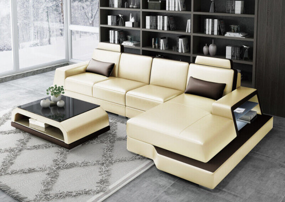 Ecksofa Pohovka Obývací souprava L tvaru Potah Pohovka Pohovka z kůže Beige Pohovky