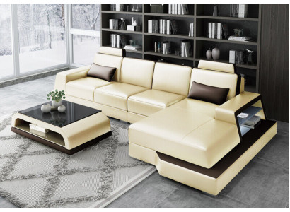 Ecksofa Pohovka Obývací souprava L tvaru Potah Pohovka Pohovka z kůže Beige Pohovky