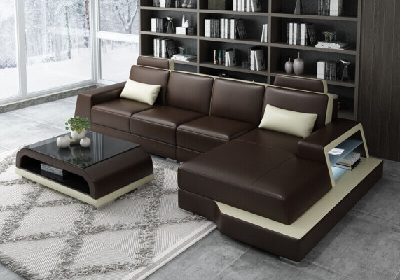 Ecksofa Pohovka Obývací souprava L tvaru Potah Pohovka Pohovka z kůže Beige Pohovky