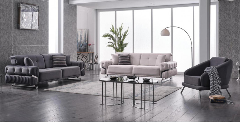 Šedá sedací souprava obývacího pokoje - pohovky třísedák křeslo Kompletní sada 3 kusy