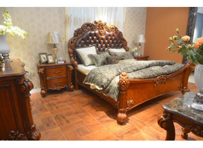 Ložnice Set Manželská postel + 2x noční stolek Chesterfield Dřevo Koženka Postel obložená