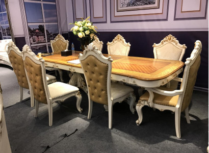 Bílo-hnědá jídelní sestava Velký jídelní stůl s koženými židlemi