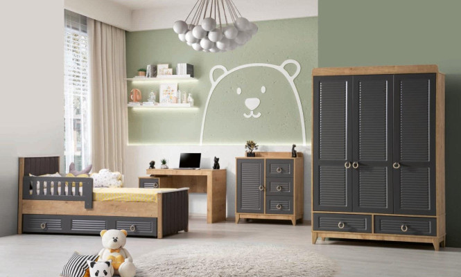 Komplette Kindermöbel Kinderbett Holz Möbel Set 4tlg Kinderzimmer Grau
