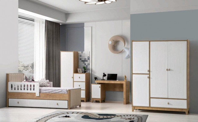 Kompletní dětský pokoj Set Postel 2x skříň stůl Světlý 4dílný Nový