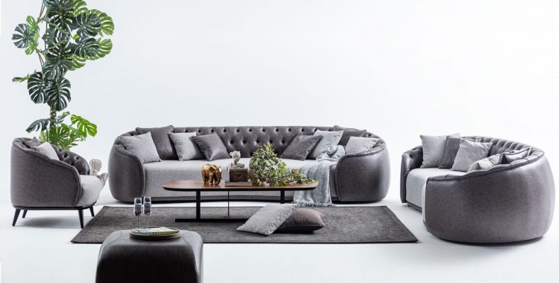 Luxusní nábytek vil Luxus Villen Chesterfield šedé látkové sedací soupravy 4+3+1