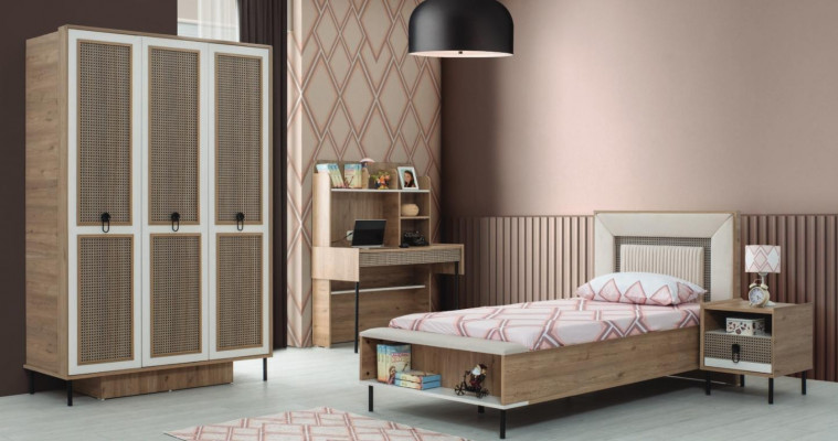 Moderní kompletní dětský nábytek Dětská postel Hnědý dřevo Set 4 kusy Postel Nový