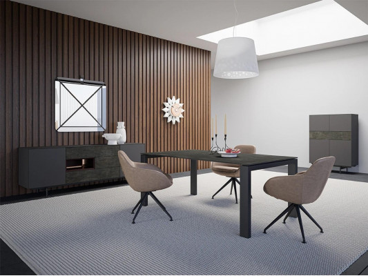 Designer jídelní stůl se židlemi z kovu a textilu jídelní skupiny skříně