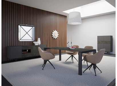 Jídelní set s 8 díly, jídelní stůl, 4 židle, luxusní skříň, designové vybavení.