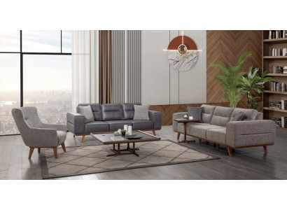 Šedá kompletní obývací sada: 2x třísedadlová sedací souprava, 3dílná sestava