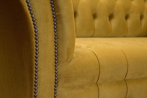 Elegantní designová pohovka 4 sedačka gauč polstrovaný luxusní textil Chesterfield pohovky žlutá.