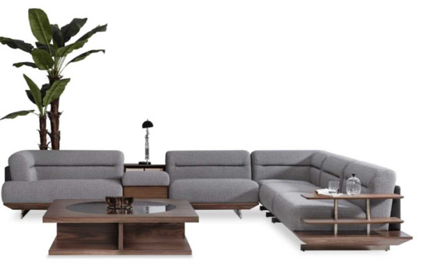 Moderní obývací pokoj s nábytkem, rohová sedací souprava L- tvaru, křeslo s konferenčním stolem, luxusní designy