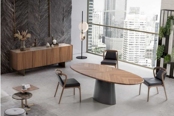 Luxus sada jídelního pokoje s jídelním stolem a moderním designem, 6 židlí a 2 konferenční stolky.