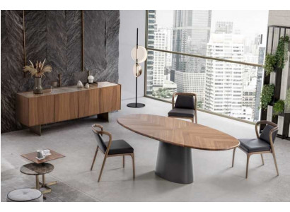 Luxus sada jídelního pokoje s jídelním stolem a moderním designem, 6 židlí a 2 konferenční stolky.