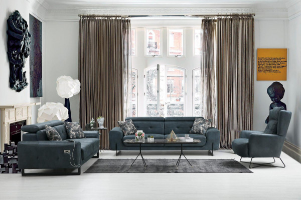 Modernní sada 3 kusů obývacího pokoje s designovým sedacím nábytkem, vysoce kvalitními křesly. Nové.