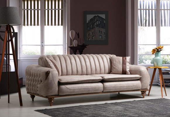 Beige třímístná pohovka Chesterfield potahová textilní sedací souprava střídy