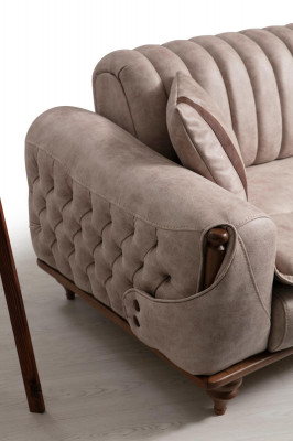 Beige třímístná pohovka Chesterfield potahová textilní sedací souprava střídy