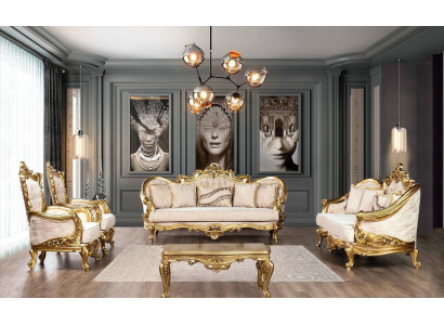 Zlatá sedací souprava Couch Set 5 kusů s konferenčním stolečkem Chesterfield baroko.