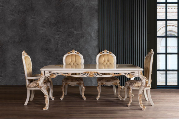 Béžový klasický nábytek do jídelny. Designový jídelní stůl s Chesterfieldskými židlemi.