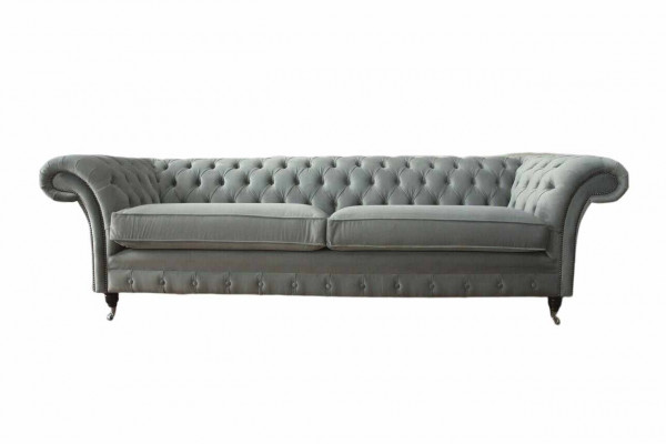 Sofa 4 Sitzer Couch Chesterfield Polster Sitz Textil Grau Wohnzimmer --> Pohovka 4místná sedačka Chesterfield čalouněná textilní šedá obývací pokoj
