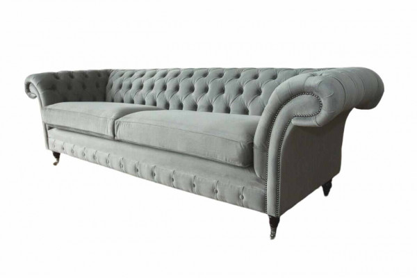 Sofa 4 Sitzer Couch Chesterfield Polster Sitz Textil Grau Wohnzimmer --> Pohovka 4místná sedačka Chesterfield čalouněná textilní šedá obývací pokoj