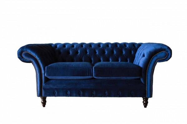Chesterfield kancelářský nábytek Sofa Pohovka 2 sedadla Tkanina Modrá.