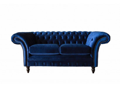 Chesterfield kancelářský nábytek Sofa Pohovka 2 sedadla Tkanina Modrá.