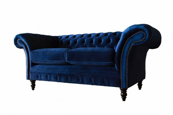 Chesterfield kancelářský nábytek Sofa Pohovka 2 sedadla Tkanina Modrá.