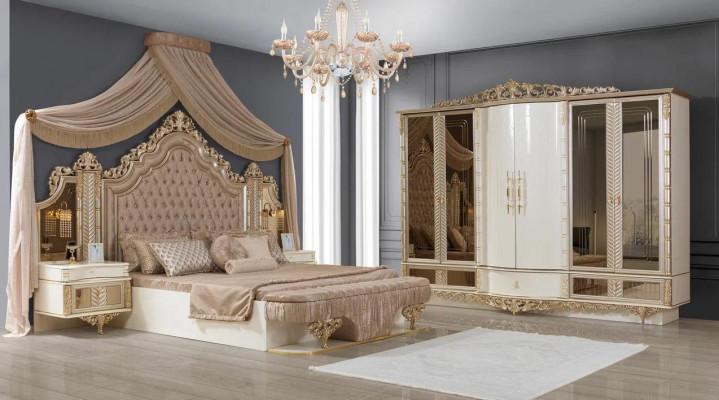 Ložnice Nastavit Postel 2x Noční Stolky Šatní Skříň Luxus Nový 4 Kusy